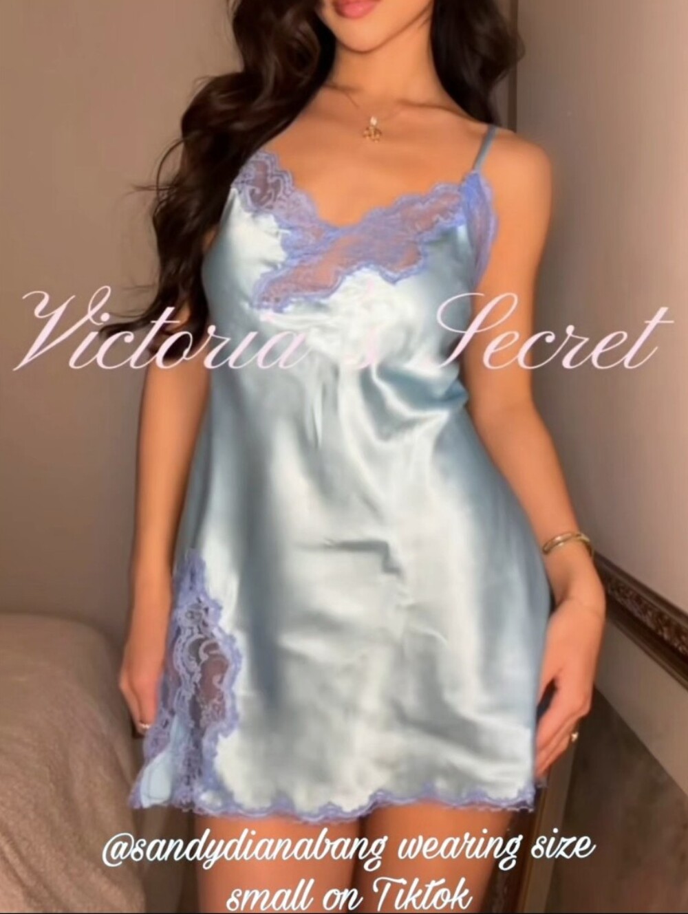 Victoria’s Secret y2k satin slip dress babydoll nightgown icy blue lavender lace